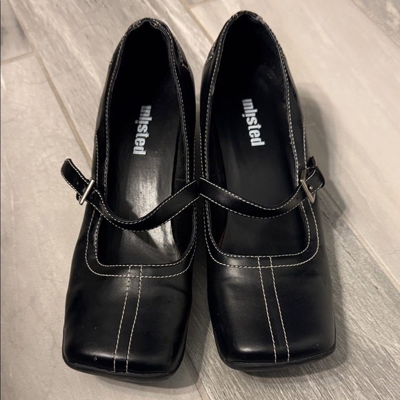 Unlisted Shoes - Unlisted Black Mary Jane Square-Toe Heels with White Stitching